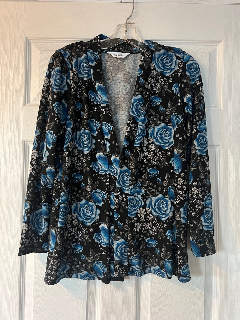 Floral Open-Front Cardigan Sweater in Blue